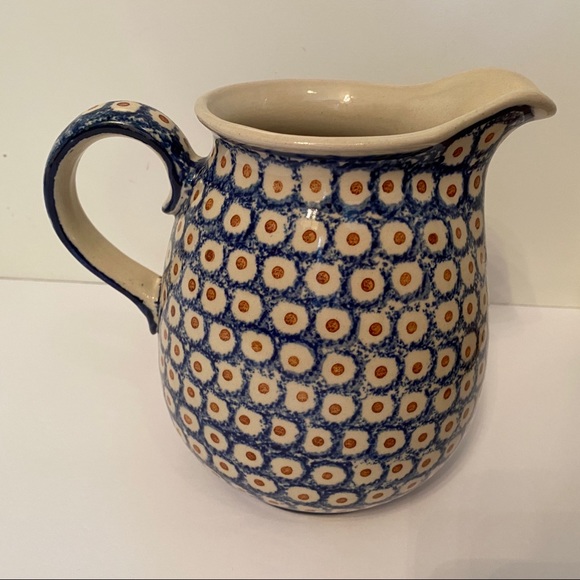 POLISH POTTERY PITCHER VINTAGE BLUE WHITE POLAND HANDMADE BOLESLAWIEC HOME SERVE - Picture 3 of 10